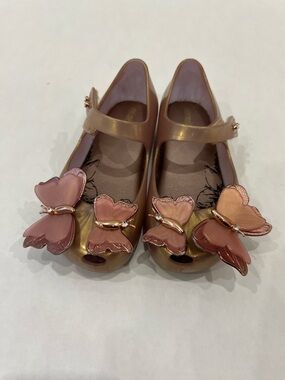 Mini Melissa Rose Gold Metallic Mary Janes with Pink Butterfly Accents